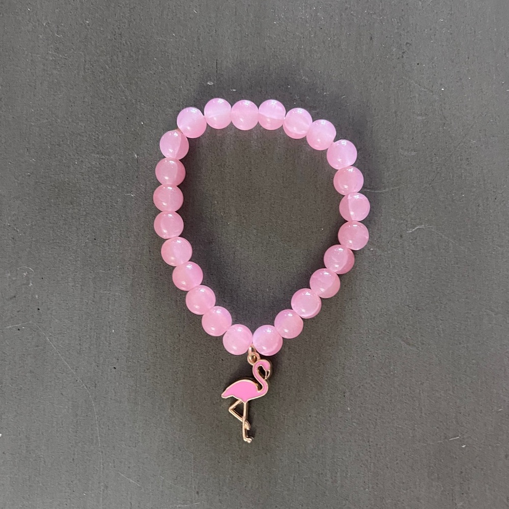 Flamingo Metal Enamel Charm Hot Light Pink Stone Bead Stretch Stackable Bracelet - Picture 3 of 3